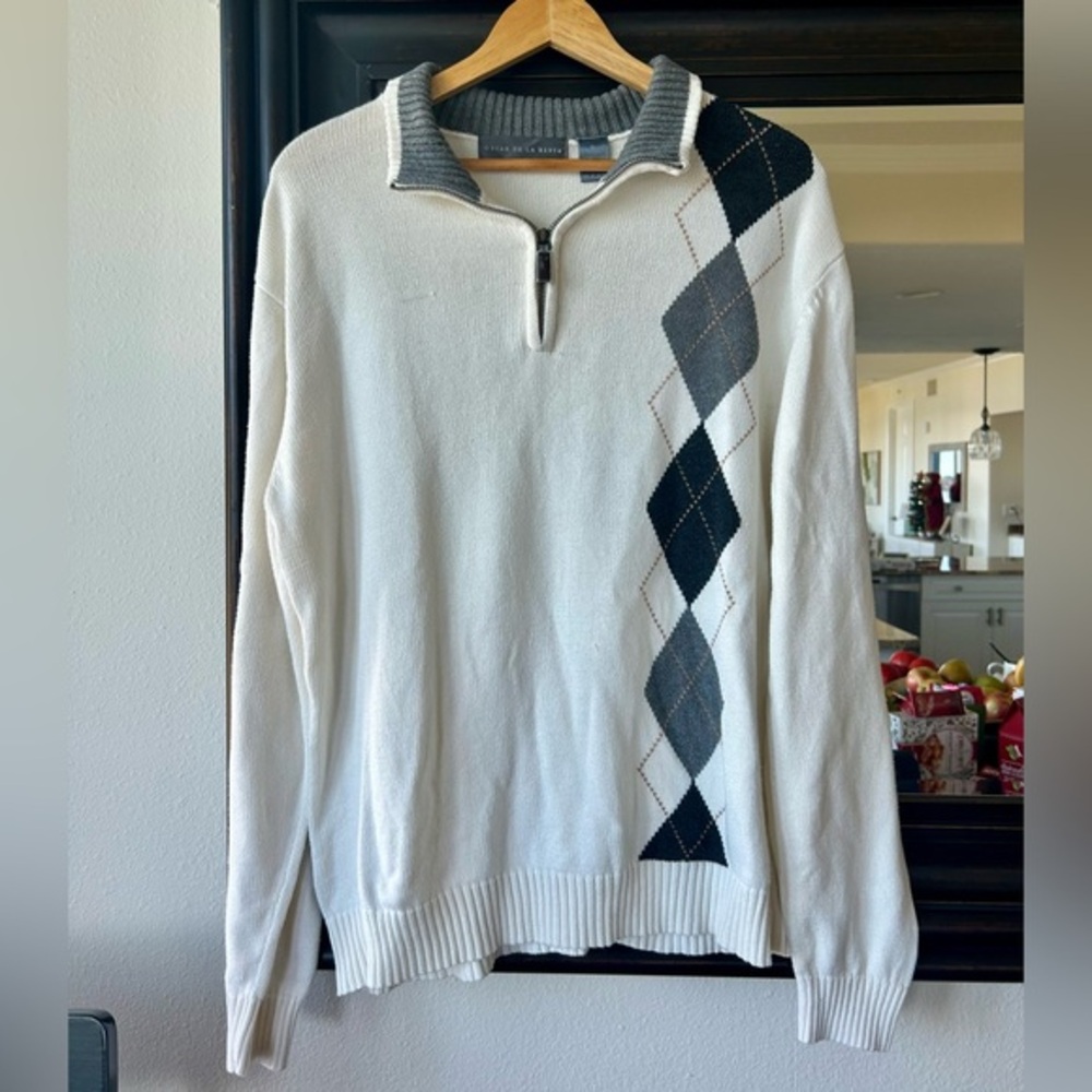 Oscar de la Renta Argyle Quarter Zip Cotton Sweater Men’s XL